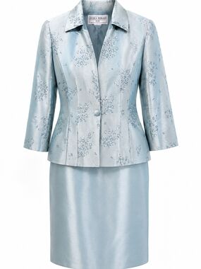 Jessica Howard Pale Blue Embroidered Satin Petite Jacket Sleeveless Dress
